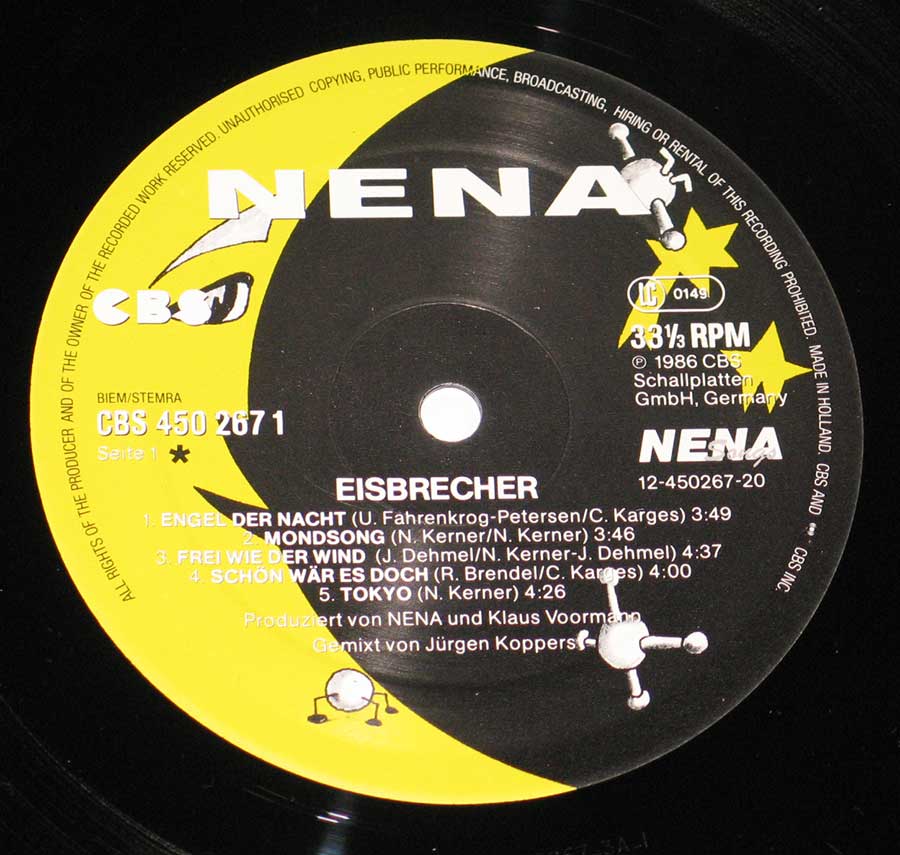 "Eisbrecher" Yellow and Black Colour CBS Record Label Details: CBS 450 267 ℗ 1986 CBS Sound Copyright