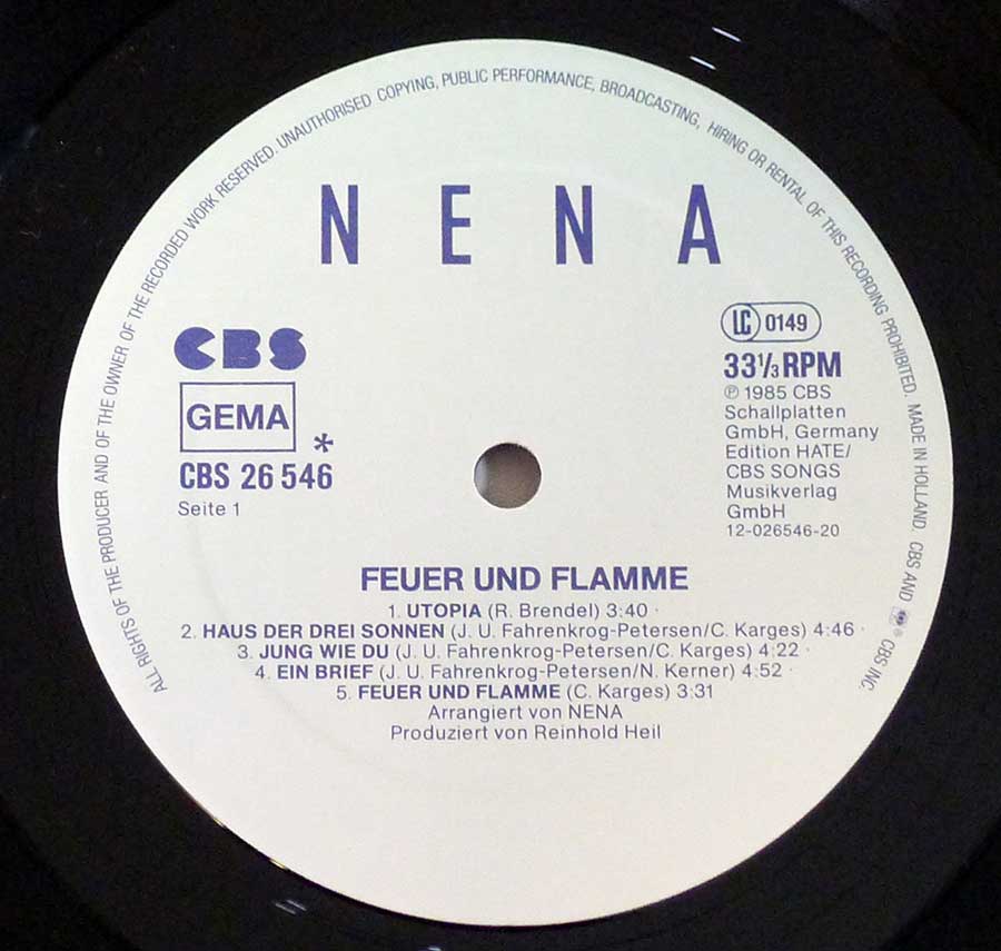 "Feuer und Flamme" Record Label Details: CBS 26 546 , LC 0149 ℗ 1985 CBS Schallplatten Sound Copyright 