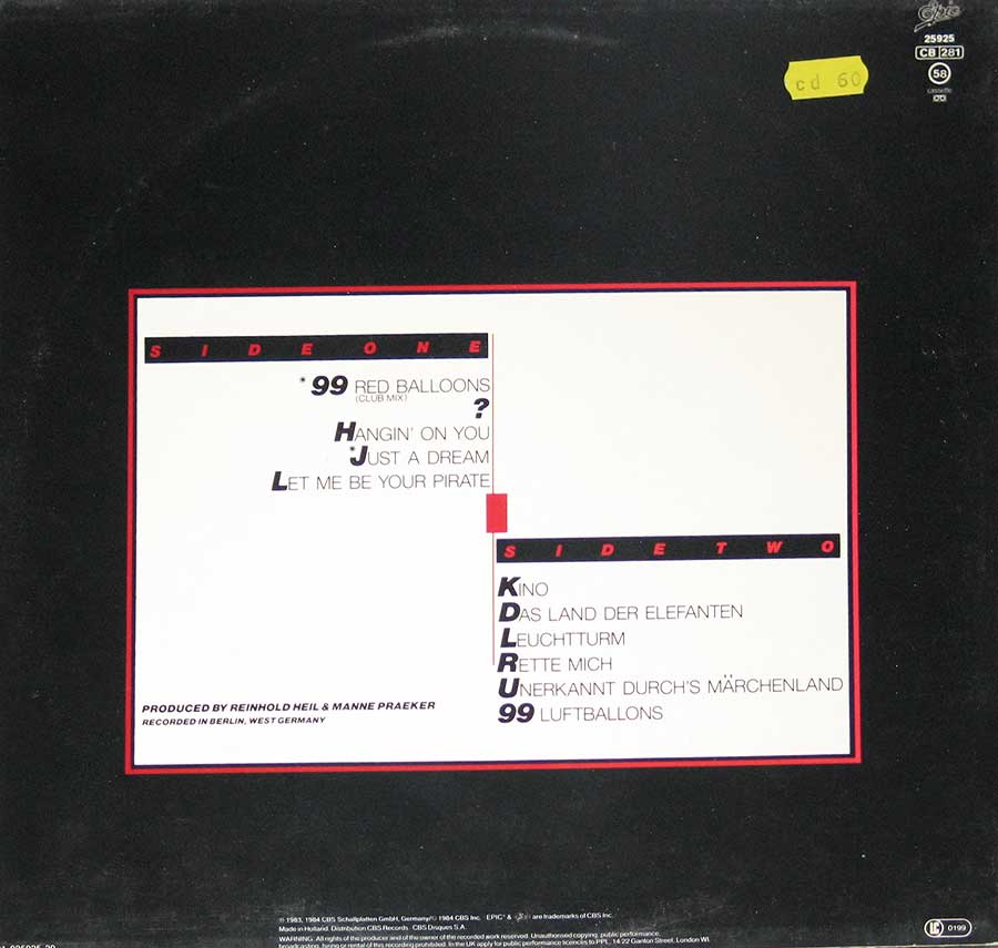 NENA - Self-Titled 99 Red Balloons Club-Remix International Version 12" Vinyl Lp Album back cover