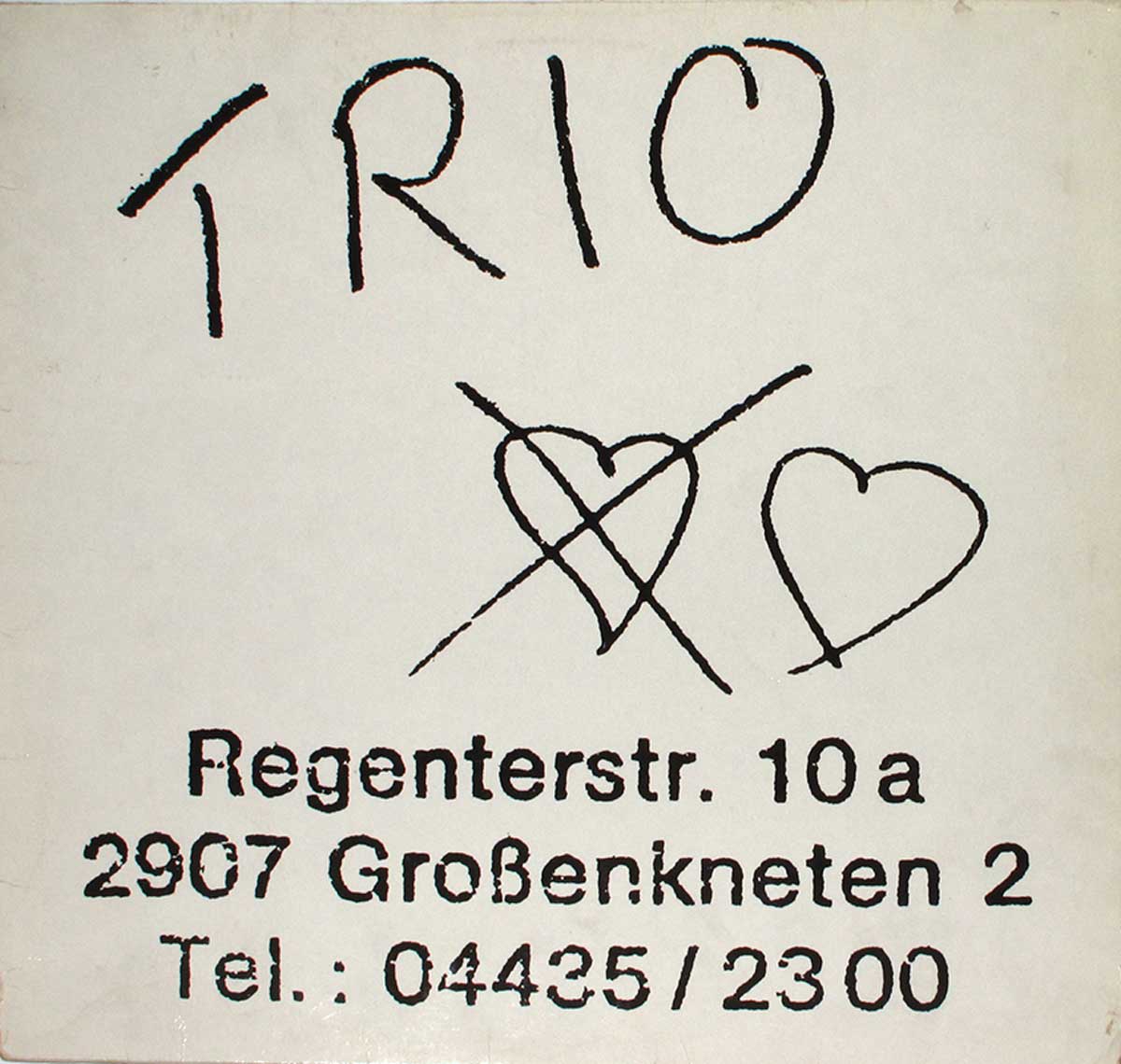 Minimalist album cover for Trio featuring handwritten text “TRIO” at the top, two hand-drawn hearts (one crossed out), and contact details including an address and phone number in a typewriter-style font, all on a plain white background.