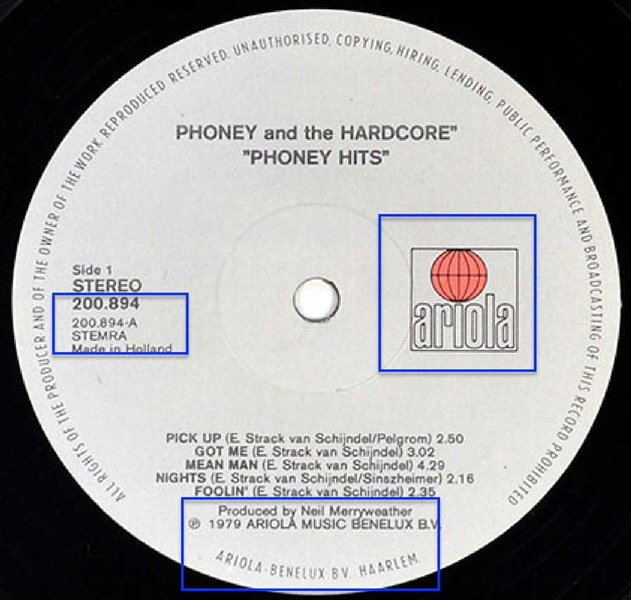 Close up of record's label PHONEY & THE HARDCORE - Phoney Hits 12" Vinyl LP Album Side One