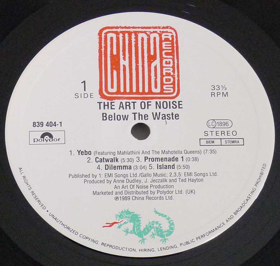 Close-up Photo of "ART OF NOISE Below The Waste" China Records' Label