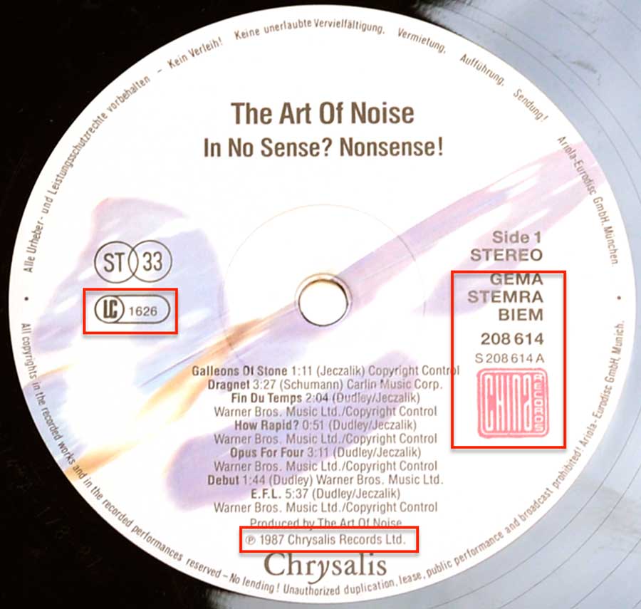 Close-up Photo of "ART OF NOISE In No Sense Nonsense" Chrysalis record label
