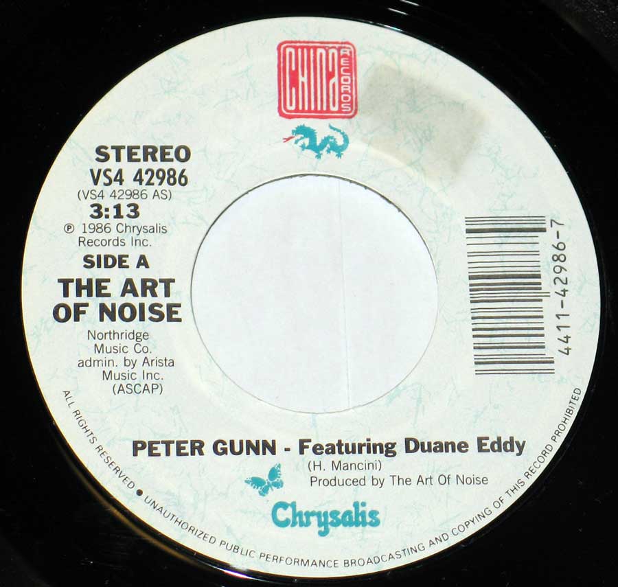 Side Two Close up of record's label ART OF NOISE - Peter Gunn with Duane Eddy Rare Demo Copy 7" Picture Sleeve Vinyl Single