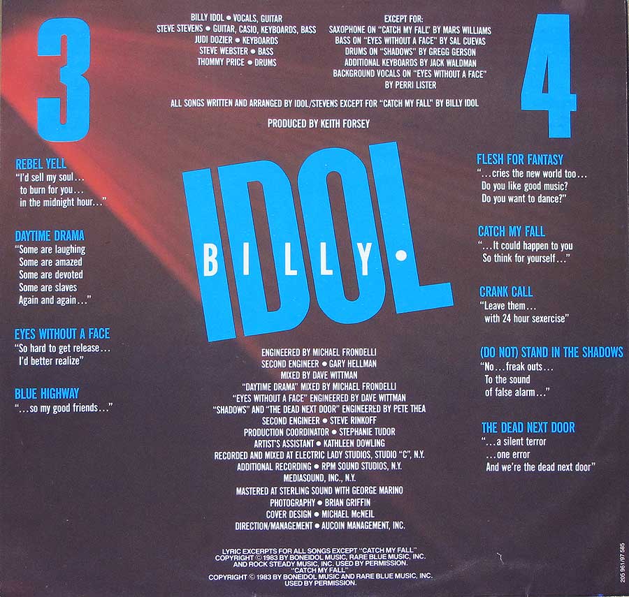BILLY IDOL - Rebel Yell 12" Vinyl LP Album  custom inner sleeve