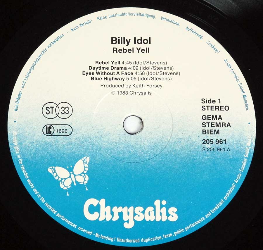 BILLY IDOL - Rebel Yell 12" Vinyl LP Album  enlarged record label