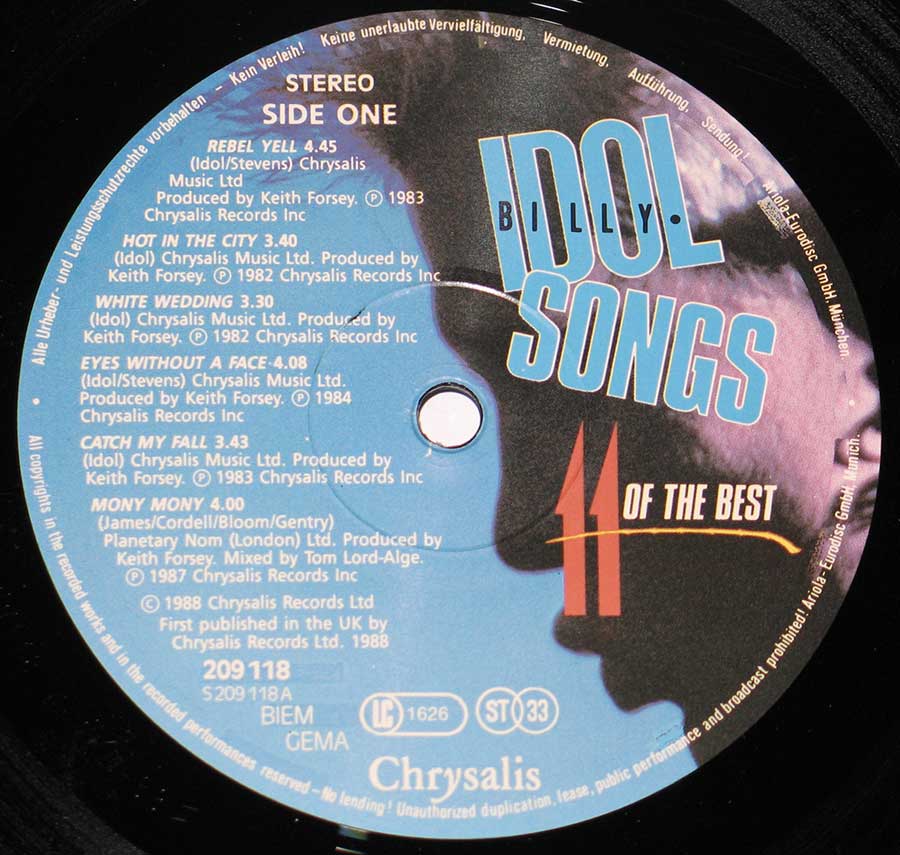 Close up of record's label Billy Idol Songs ( 11 of the Best ) 12" Vinyl LP Album  Side One
