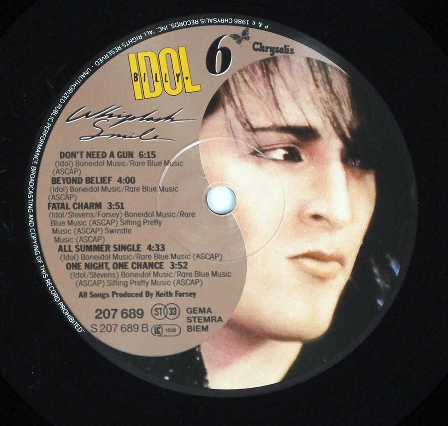 BILLY IDOL - Whiplash Smile 12" Vinyl LP Album  enlarged record label