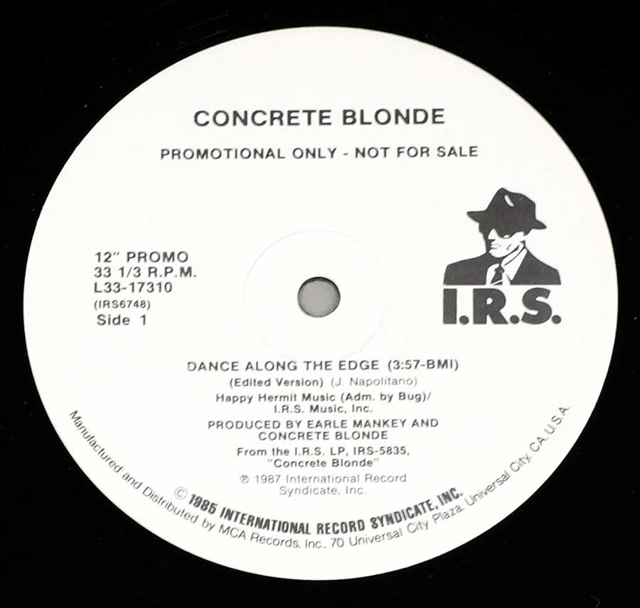 Close up of Side One record's label CONCRETE BLONDE - Dance Along The Edge White Label Promo 12"Vinyl Maxi-Single