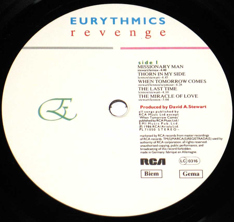 "r e v e n g e" Record Label Details: RCA LC 0316 PL71050 ℗ 1986 RCA Sound Copyright 