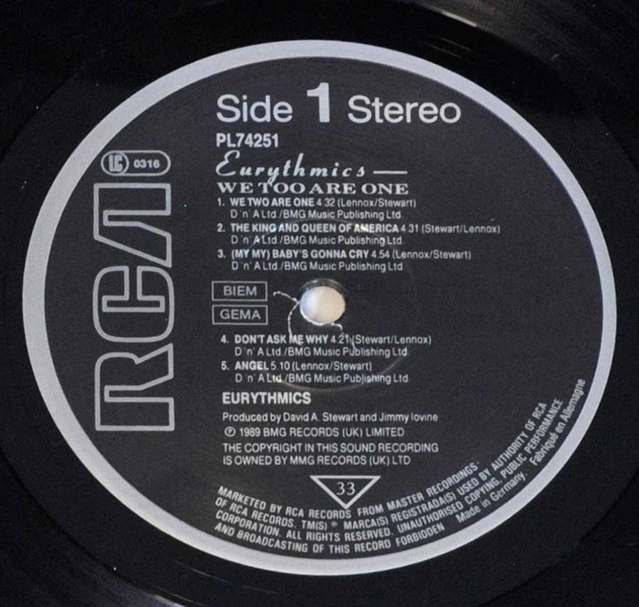 "We Too Are One" Black Colour RCA Record Label Details: RCA PL74251 ℗ 1989 BMG Sound Copyright 