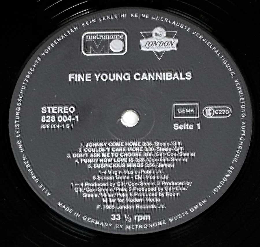 Close up of record's label FINE YOUNG CANNIBALS - S/T Self-Titled Side One