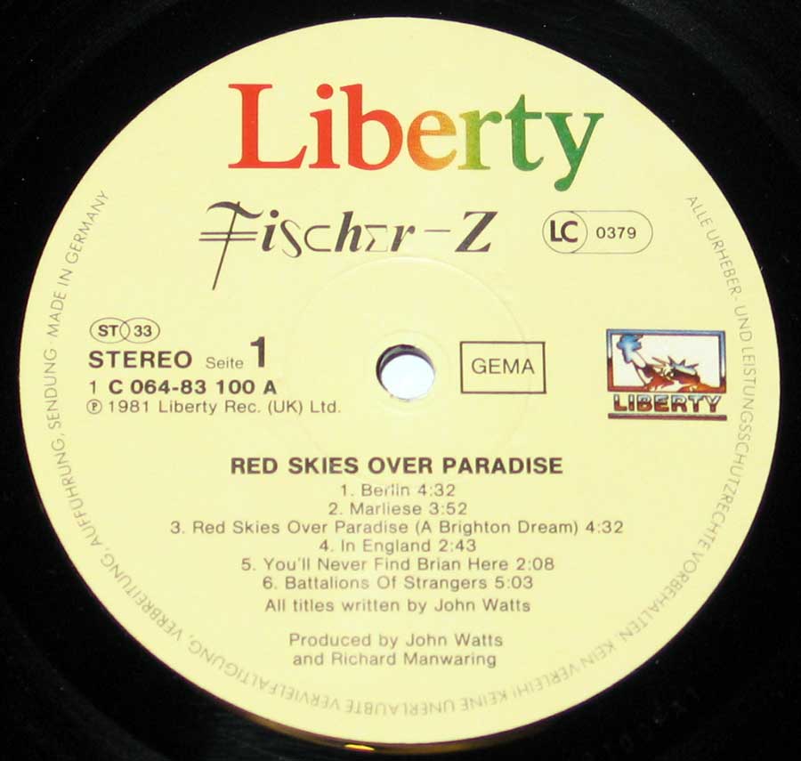 High Resolution #2 Photo Fischer-Z Red Skies over Paradise Vinyl Record