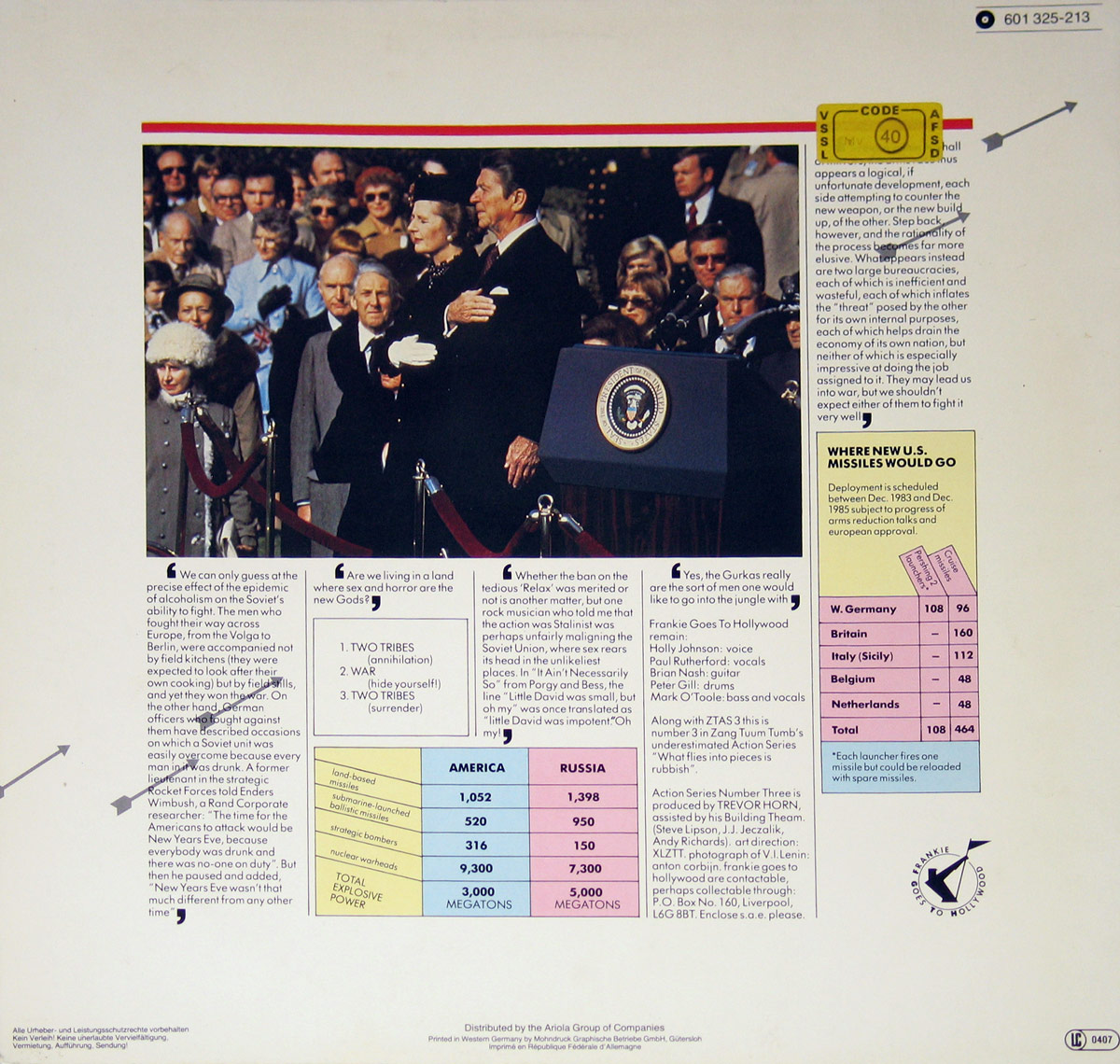 Back cover of the Frankie Goes To Hollywood Two Tribes 12 inch vinyl EP. The design features a large central photograph of U.S. President Ronald Reagan with First Lady Nancy Reagan standing beside him during an outdoor public ceremony, both with solemn expressions. Reagan is shown in mid-speech at a podium with the Presidential Seal, surrounded by political figures, military personnel, and spectators. Around the photograph are blocks of text and graphics printed on a white background. These include quotes, song titles, nuclear missile statistics comparing America and Russia, and a colored chart showing explosive megaton totals. A boxed chart on the right details where new U.S. missiles would be stationed in Europe, listing West Germany, Britain, Italy, Belgium, and the Netherlands. The top right features a yellow code box labeled CODE 40, while the bottom indicates distribution details by Ariola Group of Companies. The back cover combines political imagery, factual statistics, and provocative commentary reflecting the album’s Cold War themes.