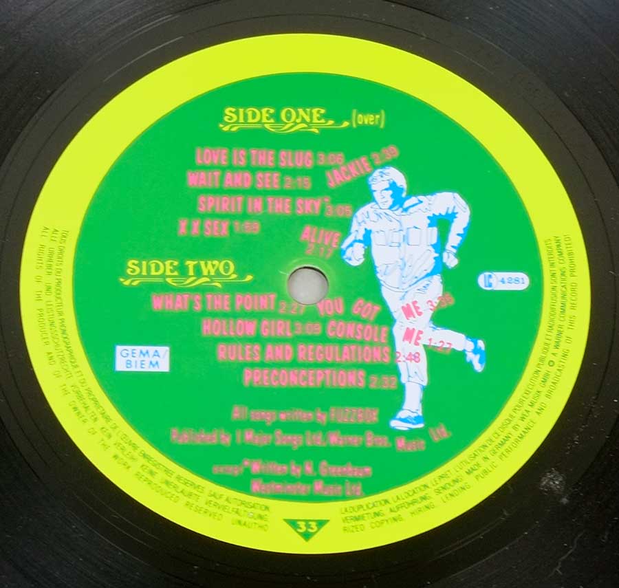 Close up of record's label WE'VE GOT A FUZZBOX AND WE'RE GONNA USE IT – Bostin' Steve Austin 12" LP Album Vinyl  Side One