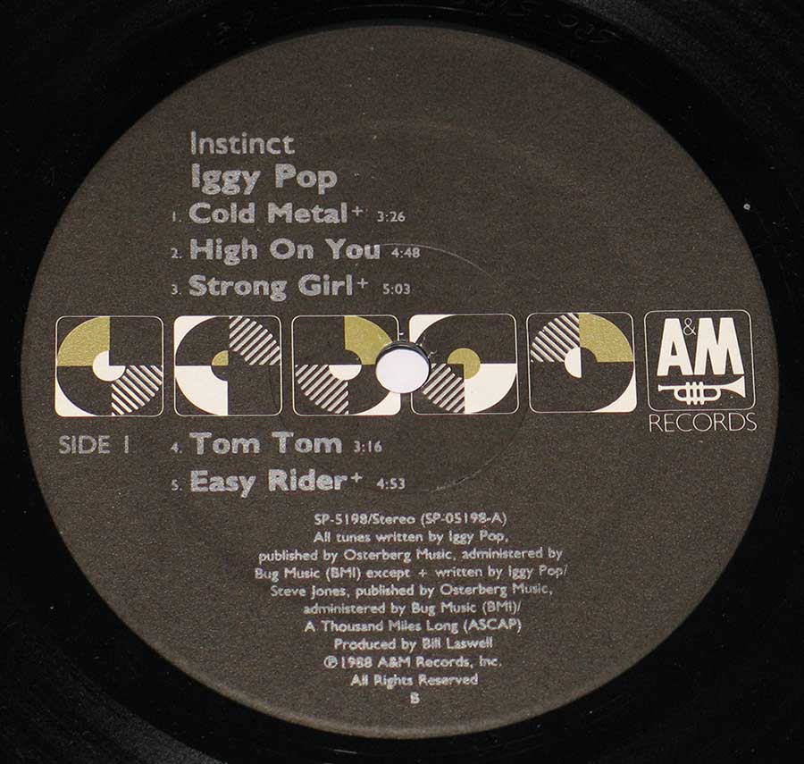 Close up of record's label IGGY POP - Instinct 12" LP Vinyl Album Side One