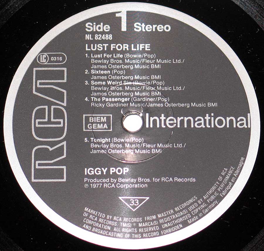IGGY POP - Lust for Life 12" Vinyl LP Album enlarged record label