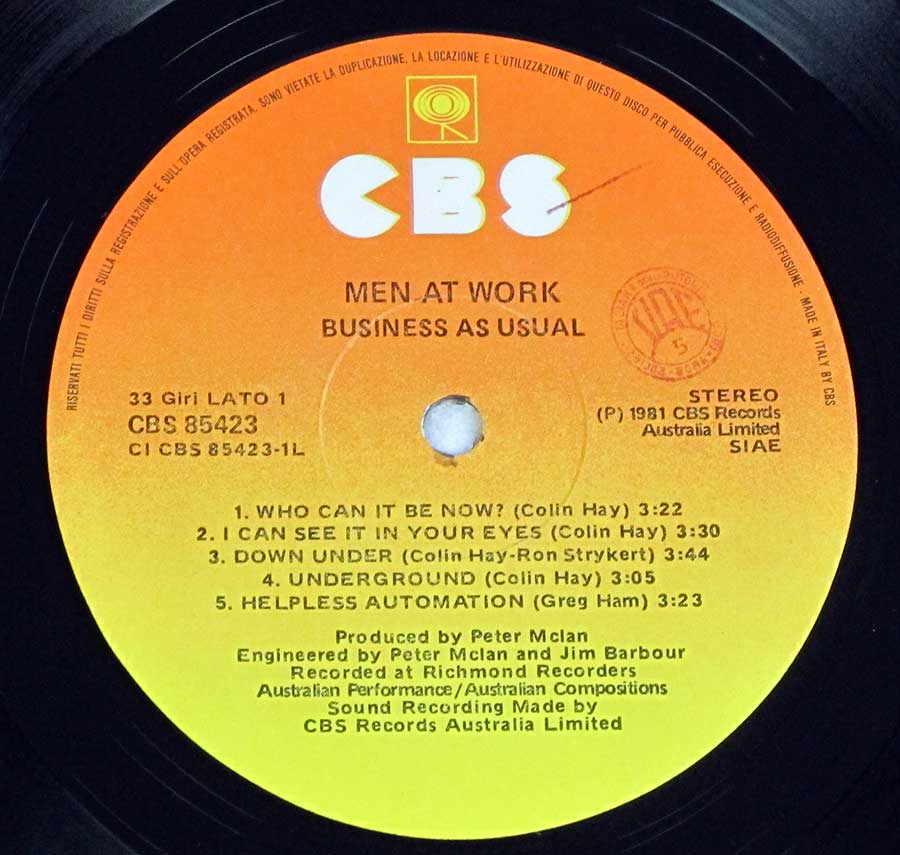 MEN AT WORK Business As Usual Italy Austrlian Black White 12" LP VINYL ALBUM enlarged record label