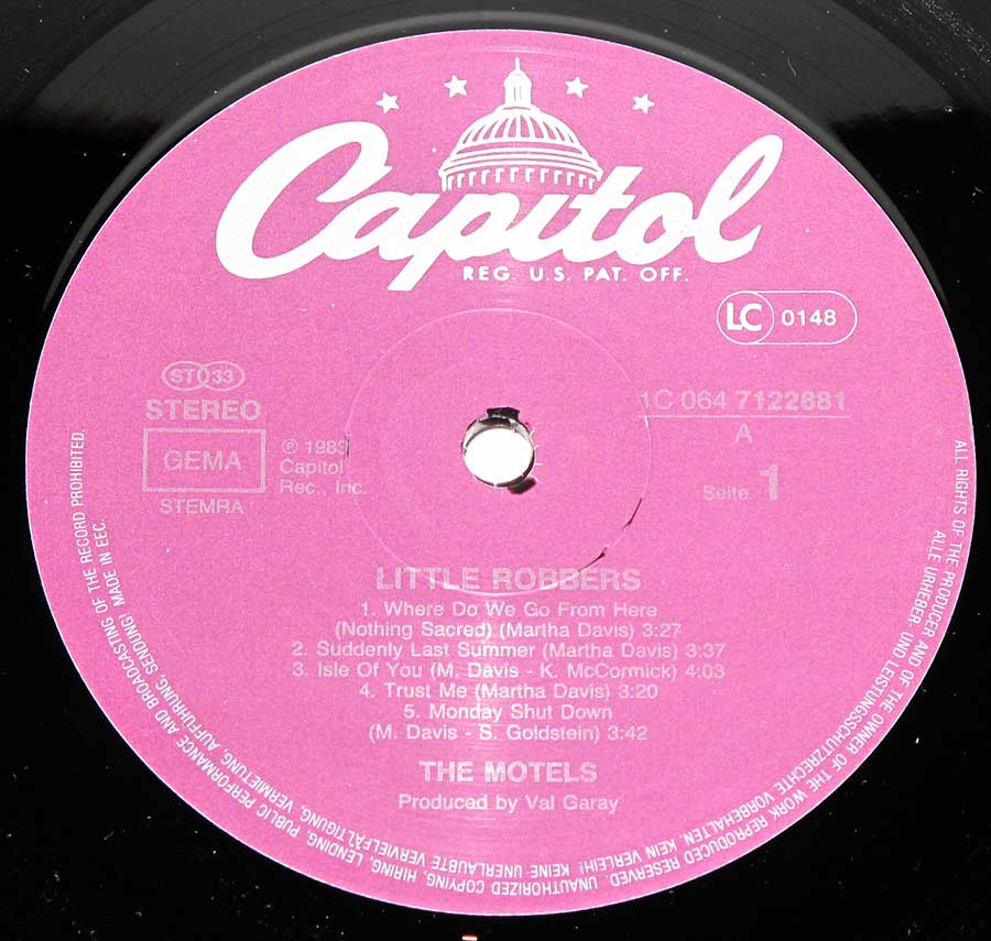Close up of record's label The MOTELS - Little Robbers Side One