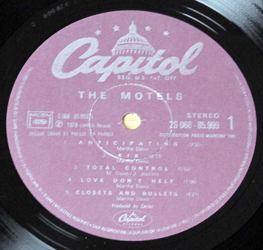 Close up of record's label MOTELS - S/T Self-Titled Side One