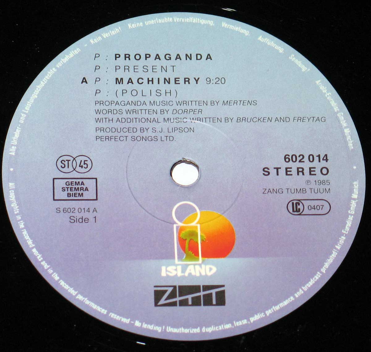 Photo of record label of PROPAGANDA - Machinery  
