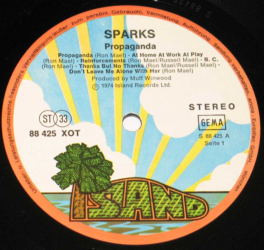 "Progaganda by Sparks" Record Label Details: Island records 88 425 XOT 