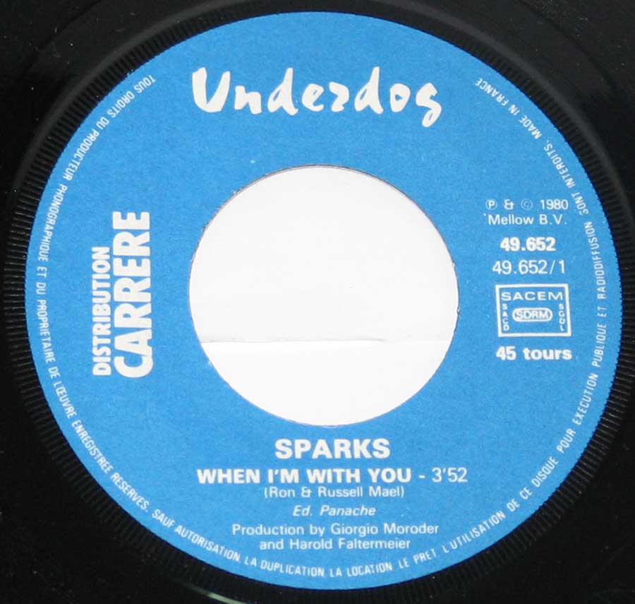 Close-up of the Blue "Underdog" record label of the Sparks 7" Record 