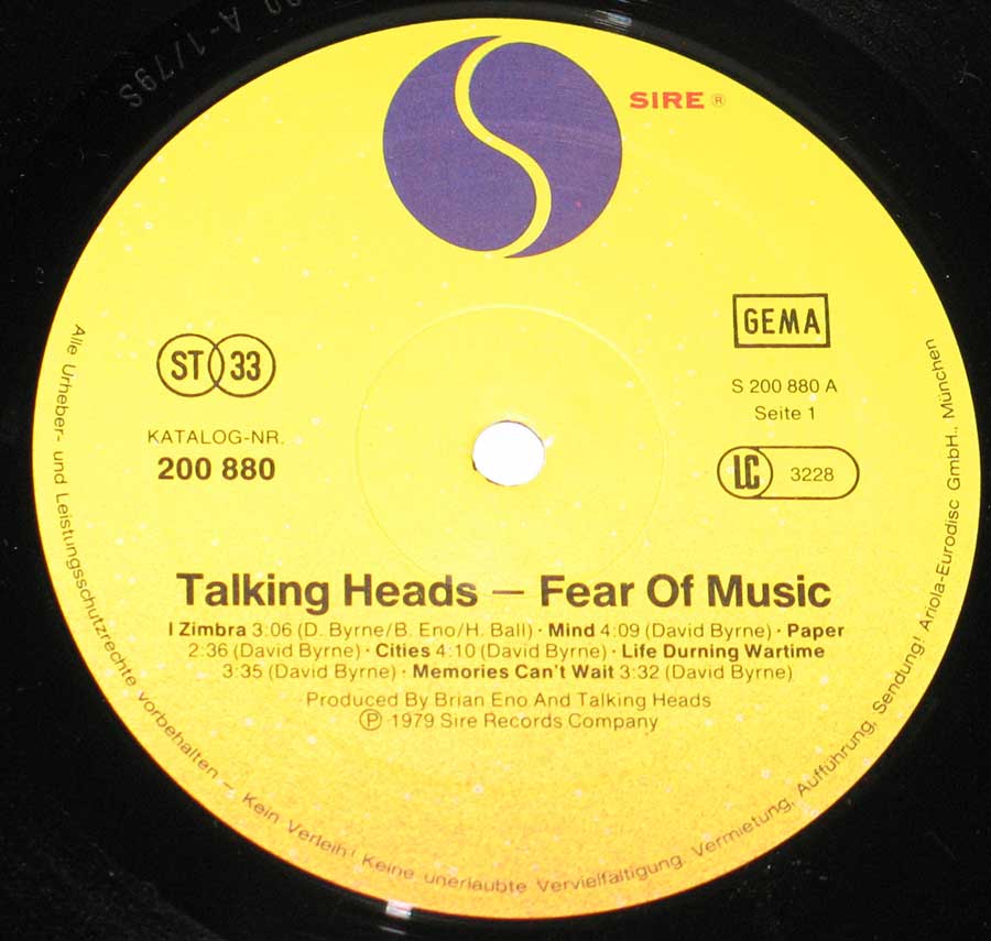 TALKING HEADS - Fear Of Music Germany Release 12" vinyl lp album enlarged record label