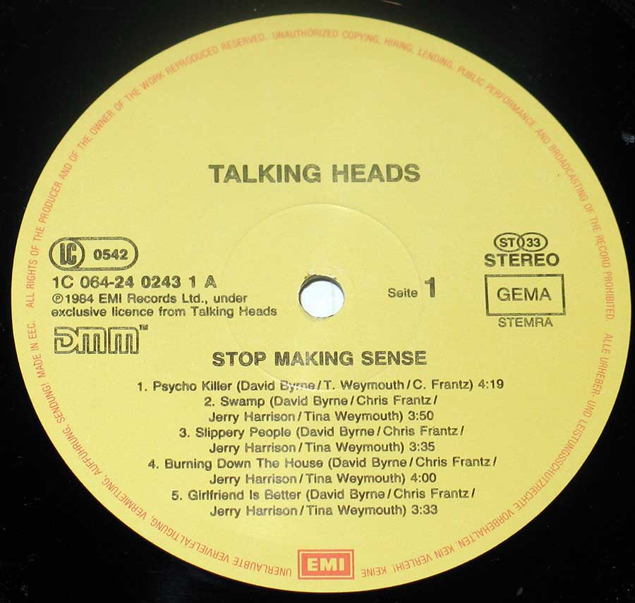 TALKING HEADS - Stop Making Sense 12" VINYL LP ALBUM enlarged record label