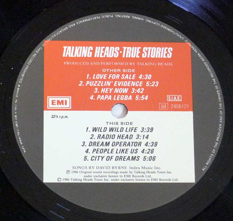 TALKING HEADS  True Stories 12" LP Vinyl Album enlarged record label
