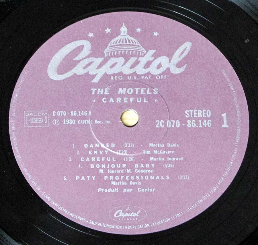 Close up of record's label MOTELS - Careful Side One