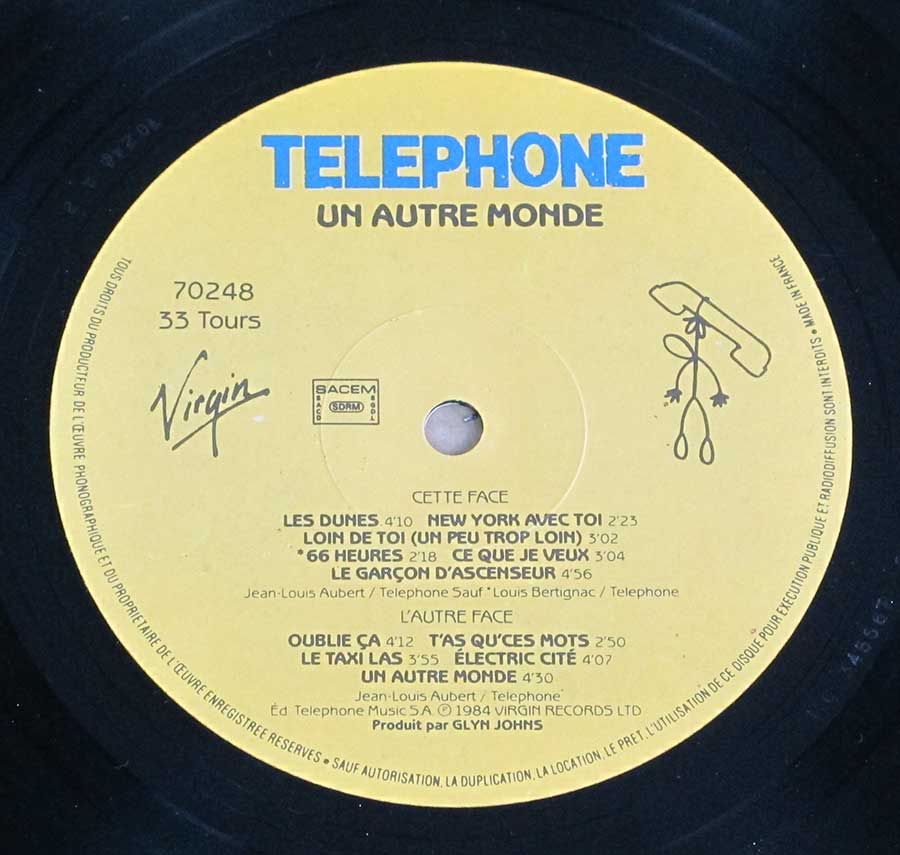 Side Two Close up of record's label TELEPHONE - Un Autre Monde 12" LP VINYL Album