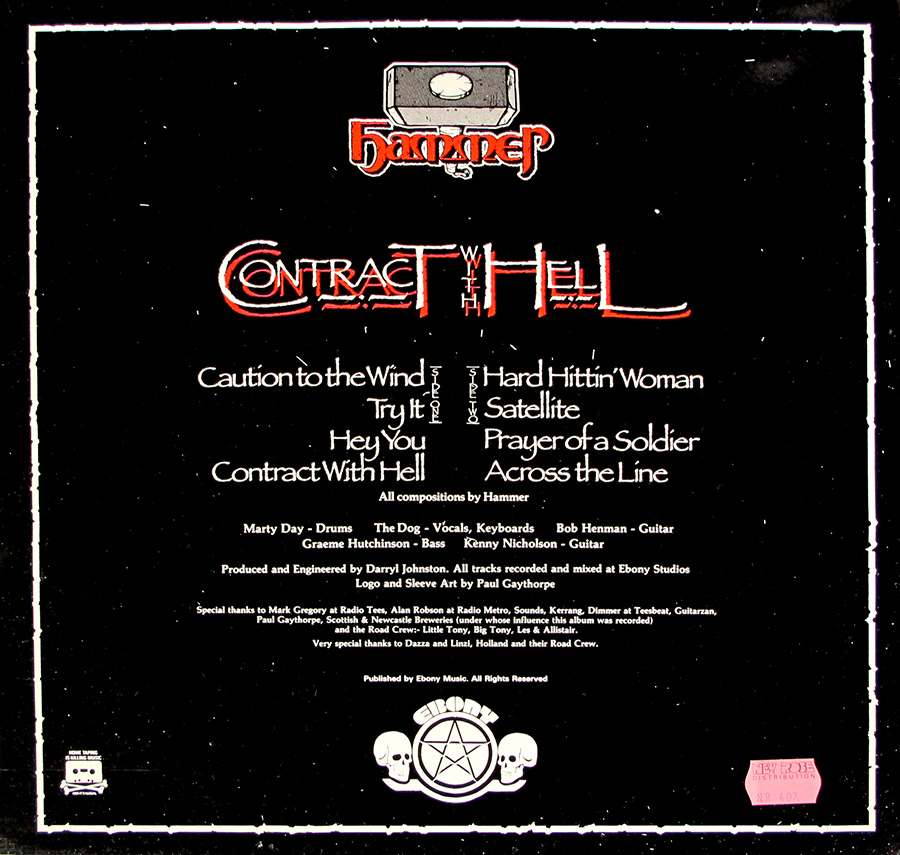 Photo of album back cover HAMMER - Contract With Hell UK release NWOBHM 12" LP Vinyl Album