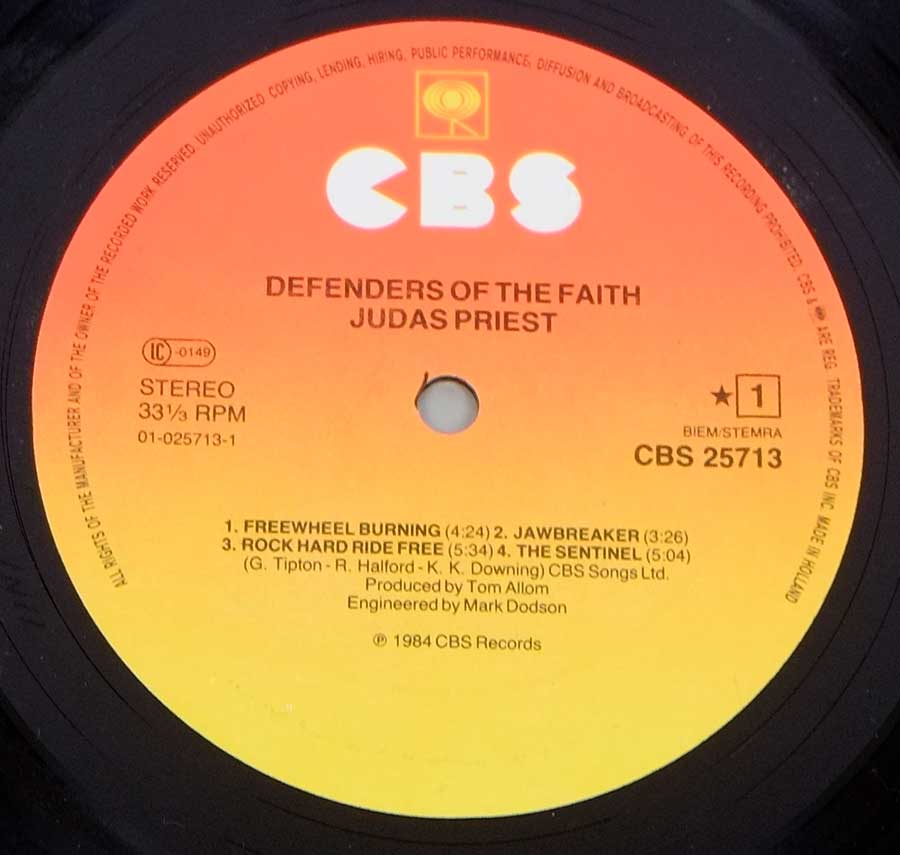 Close up of record's label JUDAS PRIEST - Defenders Of The Faith 12" LP Vinyl Album Side One