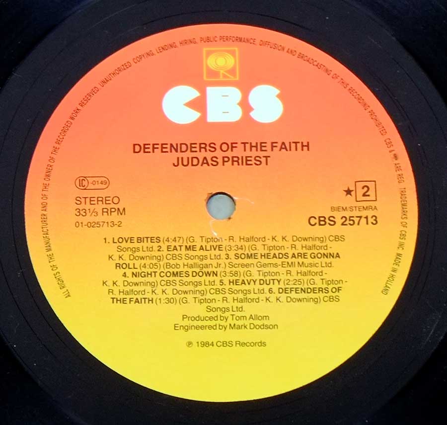 Close up of record's label JUDAS PRIEST - Defenders Of The Faith 12" LP Vinyl Album Side Two