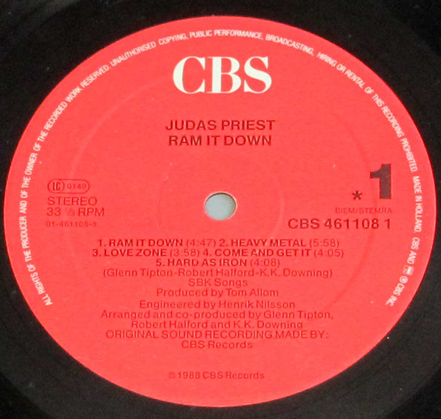 Close up of record's label JUDAS PRIEST - Ram It Down 12" Vinyl LP Album Side One