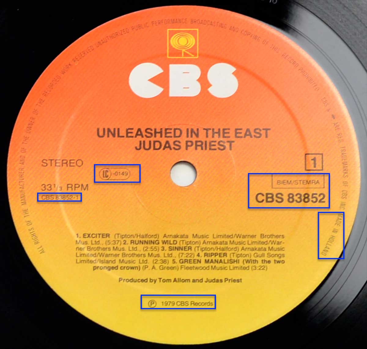 Close up of JUDAS PRIEST - Unleashed In The East CBS record's label 