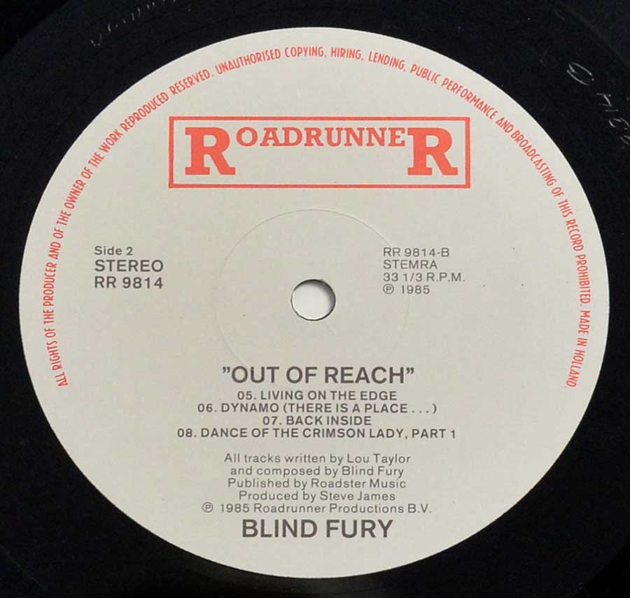 Enlarged High Resolution Photo of the Record's label BLIND FURY - Out of Reach https://vinyl-records.nl