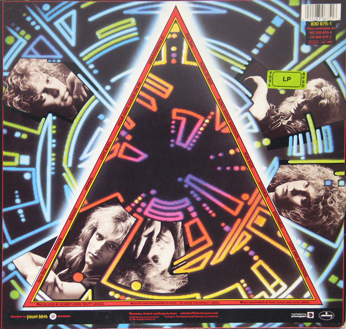 The back cover of Def Leppard’s 1987 album Hysteria features the same neon-triangle motif as the front, enclosing track titles along its edges. Surrounding it, geometric shapes in vibrant blues, reds, and yellows form a futuristic network of light. Black-and-white portraits of the band members are inset around the triangle, each framed with sharp angles and high contrast, merging human presence with the album’s high-tech visual concept.