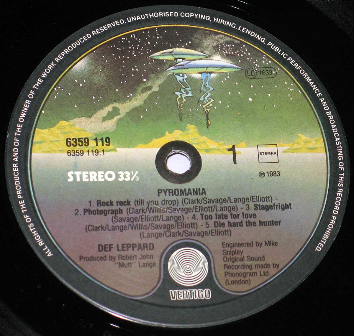 Close up of record's label Def Leppard Pyromania ( Netherlands ) 12" Vinyl LP Album  Side One