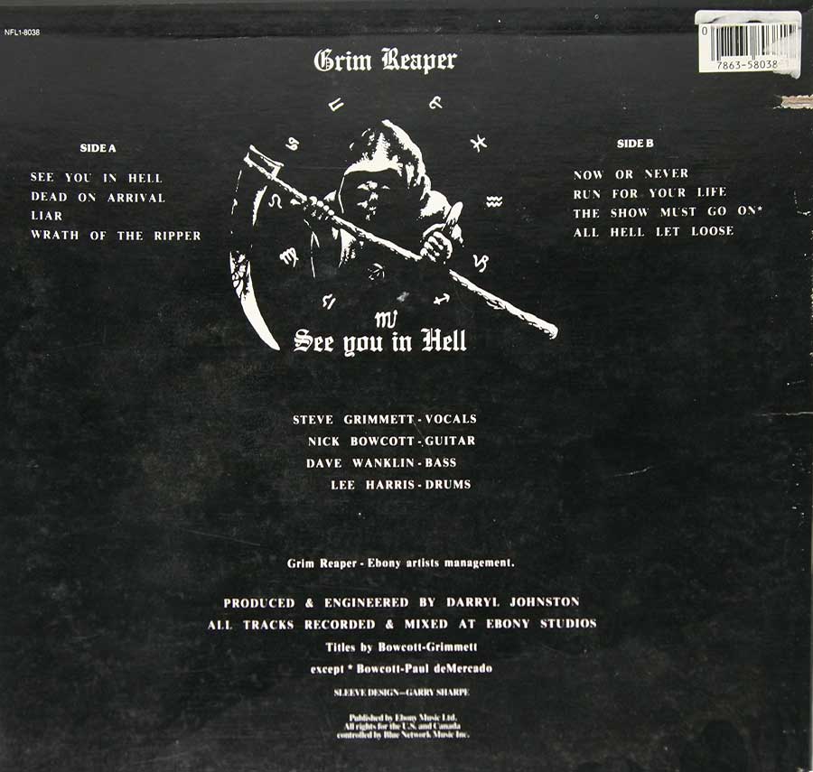 GRIM REAPER - See You In Hell British Heavy Metal Ebony Records 12" Vinyl LP Album back cover