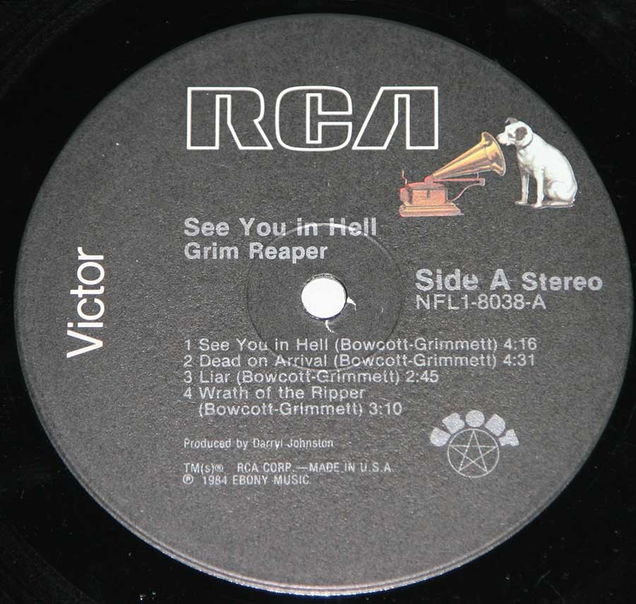 Close up of "See You in Hell" Black Colour RCA Victor Record Label Details: Ebony RCA Victor NFL1-8038 ℗ 1984 Ebony Music Sound Copyright 