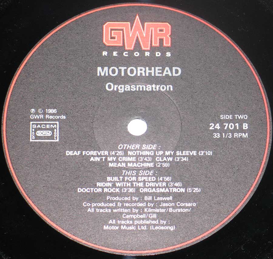 Close up of Side Two  MOTORHEAD - Orgasmatron Hard Rock, British Heavy Metal 