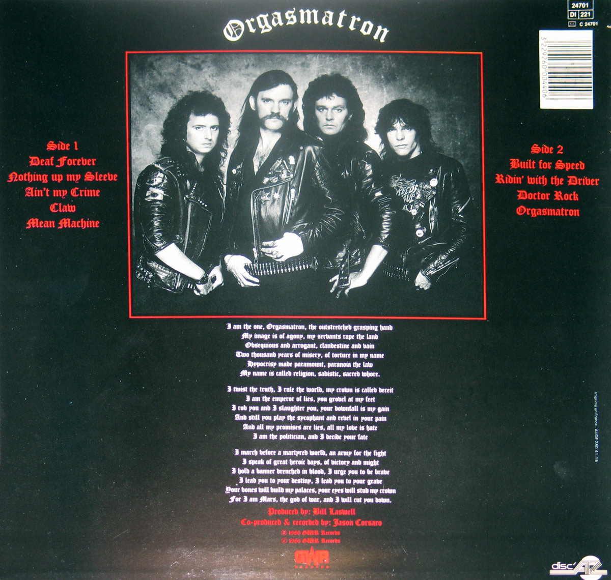 Back cover of Motörhead "Orgasmatron" French vinyl sleeve, showing Würzel, Lemmy Kilmister, Pete Gill, and Phil Campbell in a black-and-white band photograph framed in red. Red Gothic lettering lists album sides on the left and right. The arched album title sits at the top, with barcode and catalogue identifiers in the upper right, production credits and logos along the lower area.