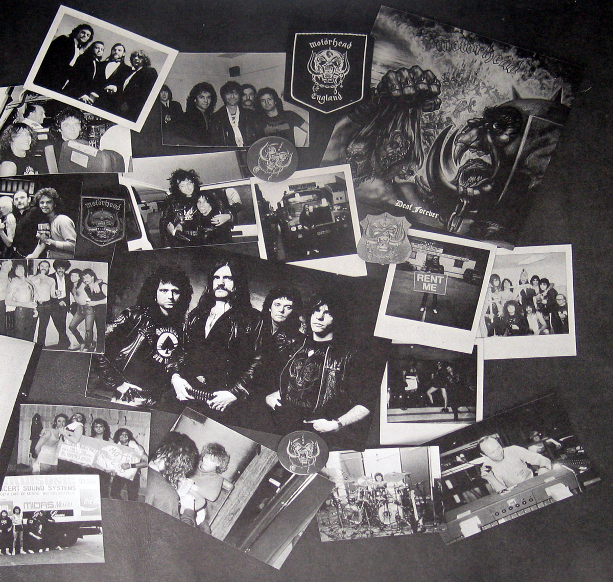 Custom inner sleeve of Motörhead "Orgasmatron", showing a black-and-white collage of band photographs, backstage snapshots, crew images, badges, transport photos, studio equipment, and a large "Deaf Forever" artwork panel in the upper right. Lemmy Kilmister, Würzel, Pete Gill, and Phil Campbell appear in several images, including a larger central portrait near the lower left.