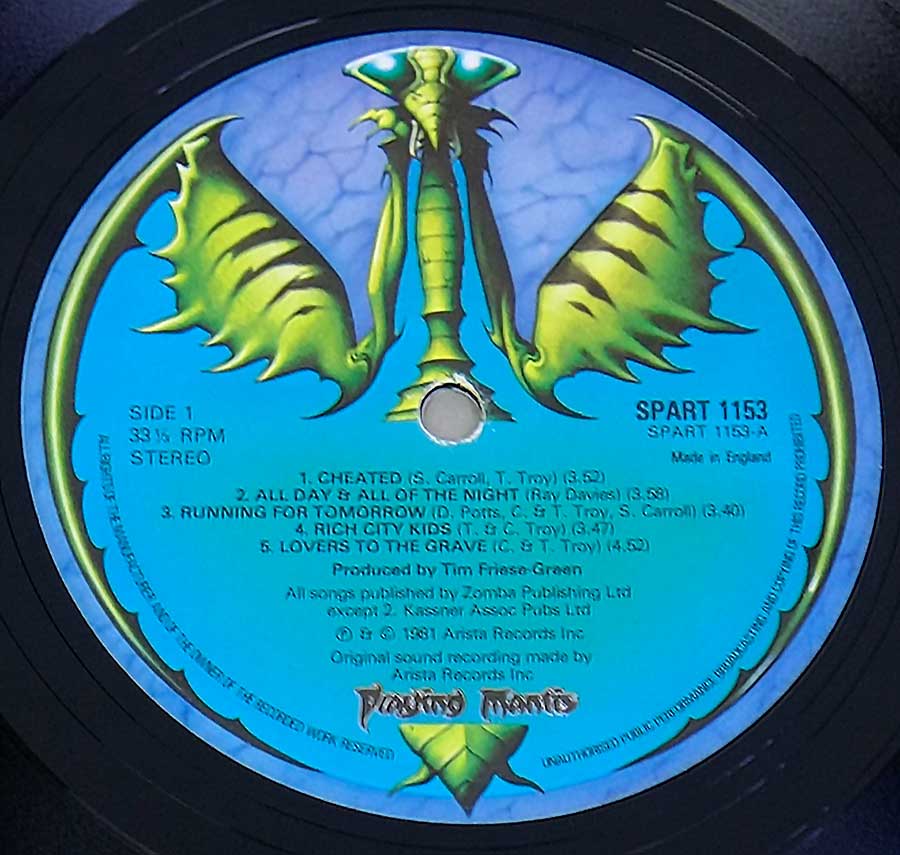 Close up of record's label PRAYING MANTIS - Time Tells no Lies Side One