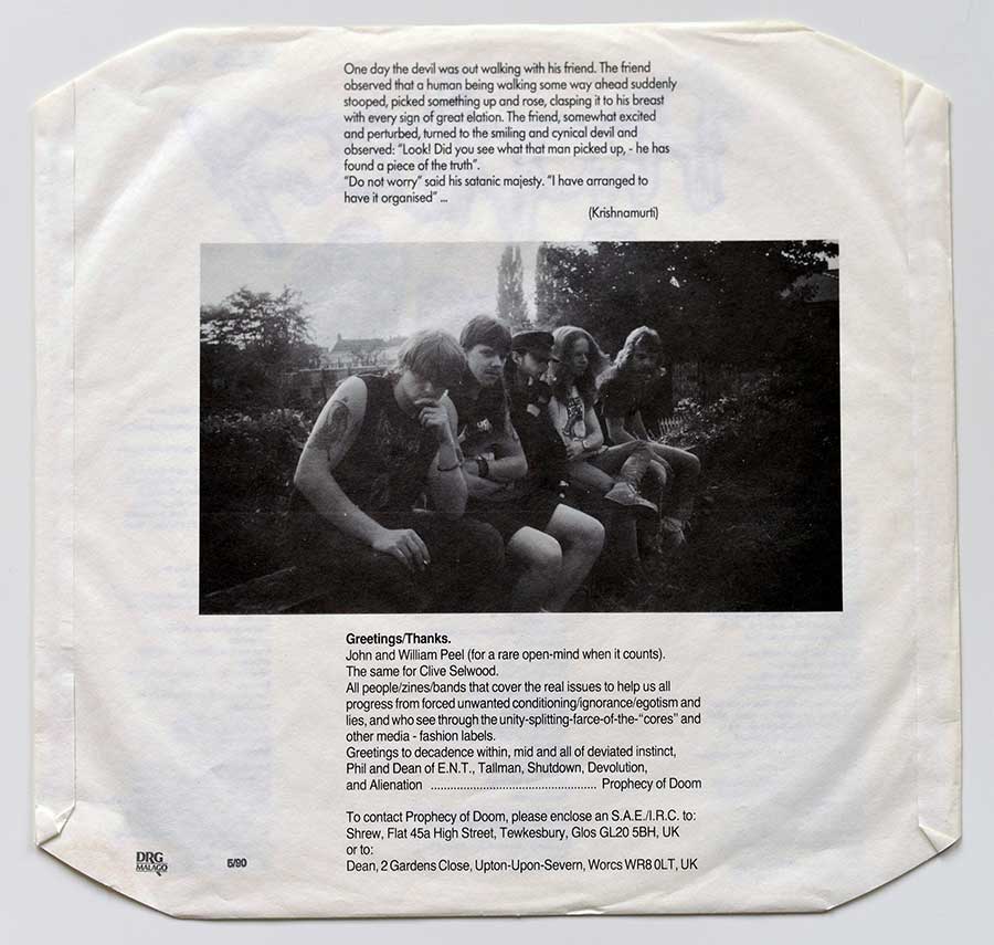 Photo One Of The Original Custom Inner Sleeve PROPHECY OF DOOM - The Peel Sessions (1990,UK) NWOBHM 12" LP ALBUM VINYL 