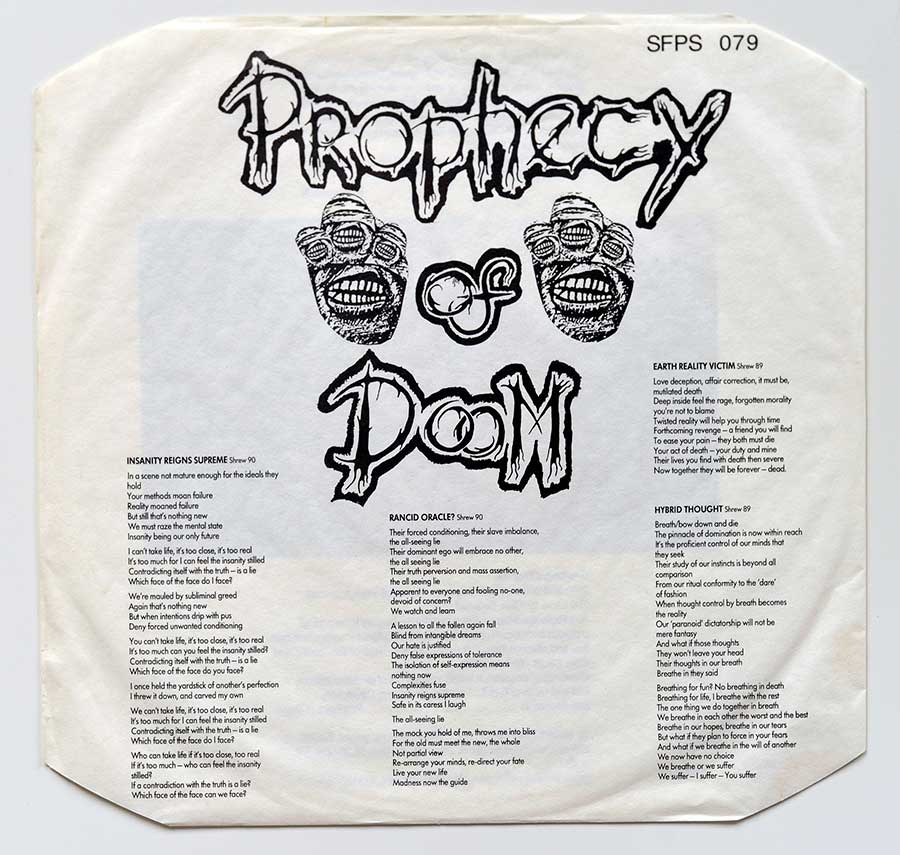 Photo Two of the original custom inner sleeve  PROPHECY OF DOOM - The Peel Sessions (1990,UK) NWOBHM 12" LP ALBUM VINYL