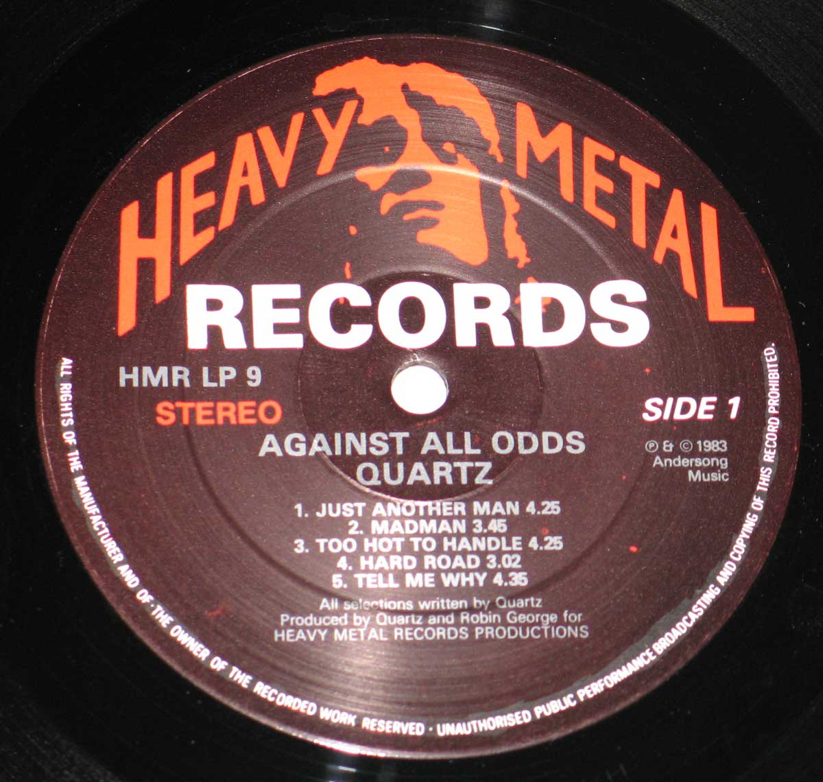 Close-up Photo of the "Heavy Metal Reocrds" HMR LP 9 Record Label of "Against All Odds"  