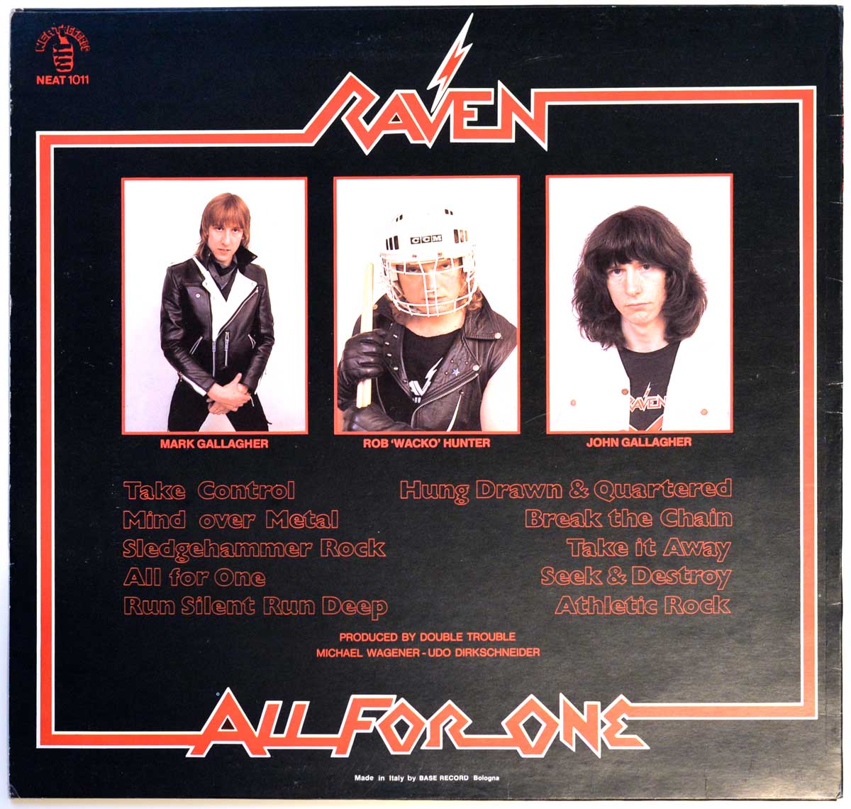 Back cover of Raven's 'All For One' LP featuring photos of band members Mark Gallagher, Rob 'Wacko' Hunter in hockey gear, and John Gallagher, with red-outlined track listing and logo on black background.